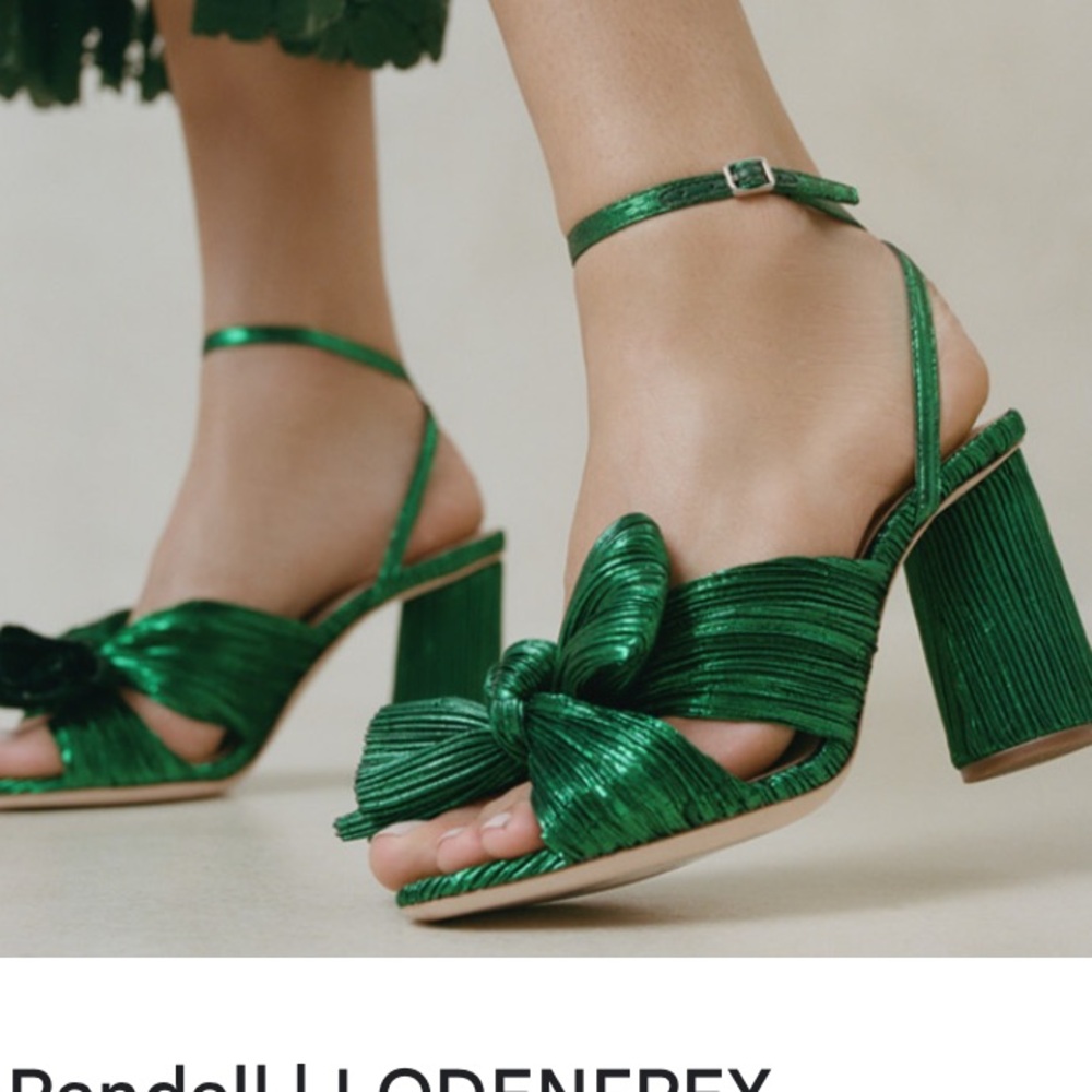 Loeffler Randall Metallic Emerald Green Knot Block Heel Sandals